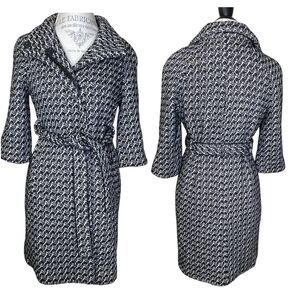 Bebe Wool Blend Belted Coat Snap Buttons Black White Metallic Silver Threads Sm